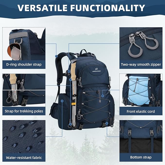 Maelstrom Hiking Backpack, 40L Waterproof Camping Daypack for Men and Women, Lightweight Travel Pack with Rain Cover (Blue)