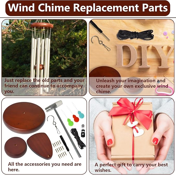 Wind Chime Replacement Parts, 28 PCS Windchime Repair Kit Including Round Top, Clapper, Wind Catcher, 19.6FT Nylon Cord, DIY Wind Chime Supplies (Dark Brown)