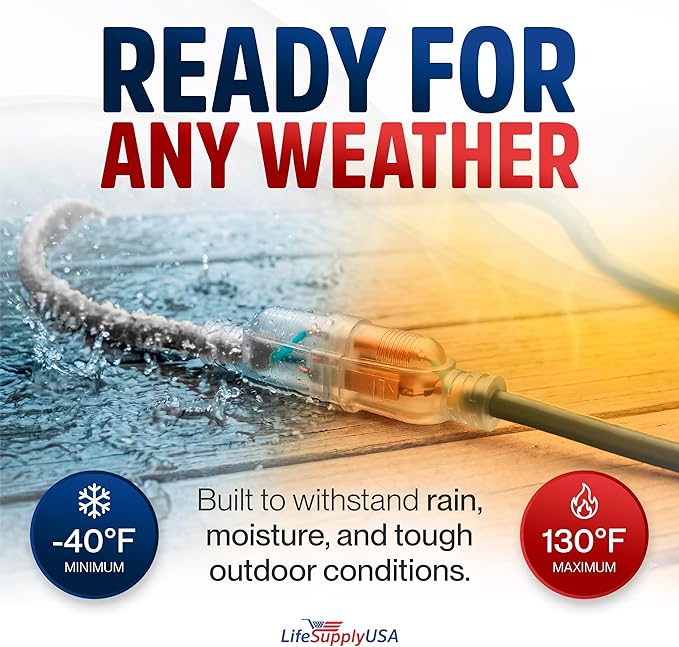 100ft Outdoor/Indoor Extension Cord 16/3 Gauge Heavy Duty 3 Prong SJTW, Waterproof, Flexible Cold-Resistant Long Power Cord,10A 125V 1250W, Black by LifeSupplyUSA