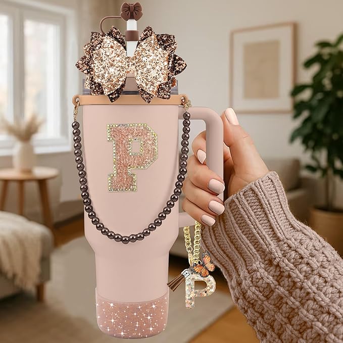 9PCS Brown for Stanley Cup Accessories Set Bling Initials Bow Charms for Stanley Decorations 30/40 Oz Tumbler Accessories Including Bow Straw Topper, Handle Strap, Spill Stopper（Letter P）