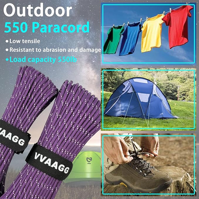 VVAAGG Reflective Paracord Rope 100FT, 7 Strand Nylon para Cord Lanyard Utility 550 Parachute Cord, 4mm Thin Tent Rope for Outdoor Camping Hiking