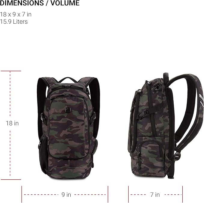 SwissGear 3598 Backpack, Narrow Daypack, Ideal for Commuting and School, Camo/Green