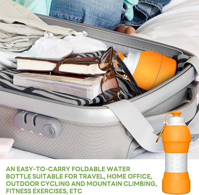 Collapsible Lightweight 20oz Water Bottle, Food-Grade Silicone BPA Free, Foldable Portable Leak Proof Office Travel Cycling Sports Outdoor Water Bottle with Vertical Hook (orange, long nozzle)