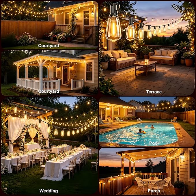 25FT Outdoor String Lights, Waterproof Patio Lights with Shatterproof ST38 Vintage Edison Bulbs, Connectable Outside Hanging Lights for Backyard, Porch, Deck, Balcony, Garden, 2500K Dimmable