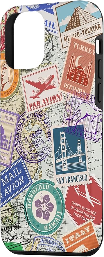 World Map Travel Passport Stamps Postage Stamp Case for iPhone 12 mini