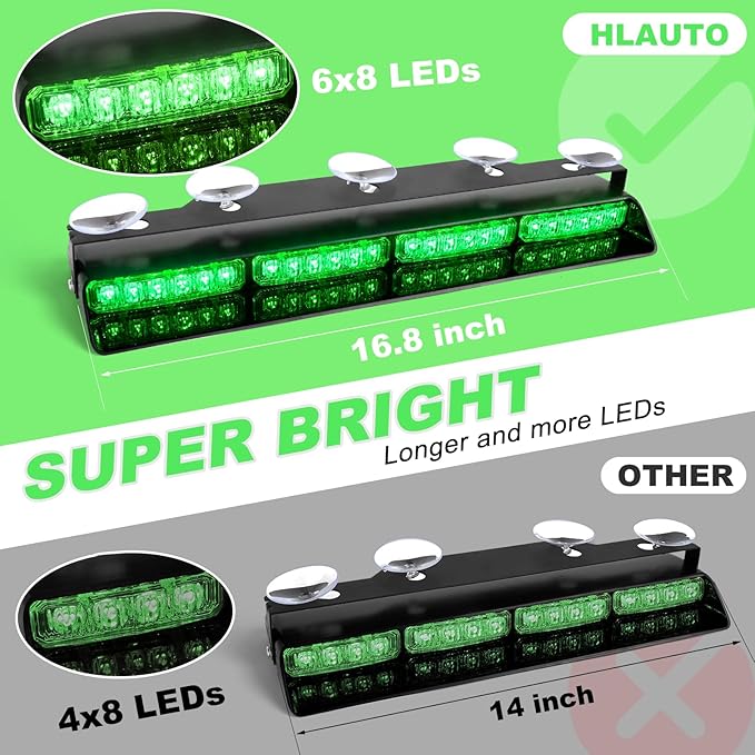 HLauto 6Z4J Emergency Dash Strobe Lights: 2x16.8 inch Green Safety Lights, 48 LED Flashing Warning Hazard Interior Windshield Visor Traffic Light Bar for Trucks, Construction Vehicles