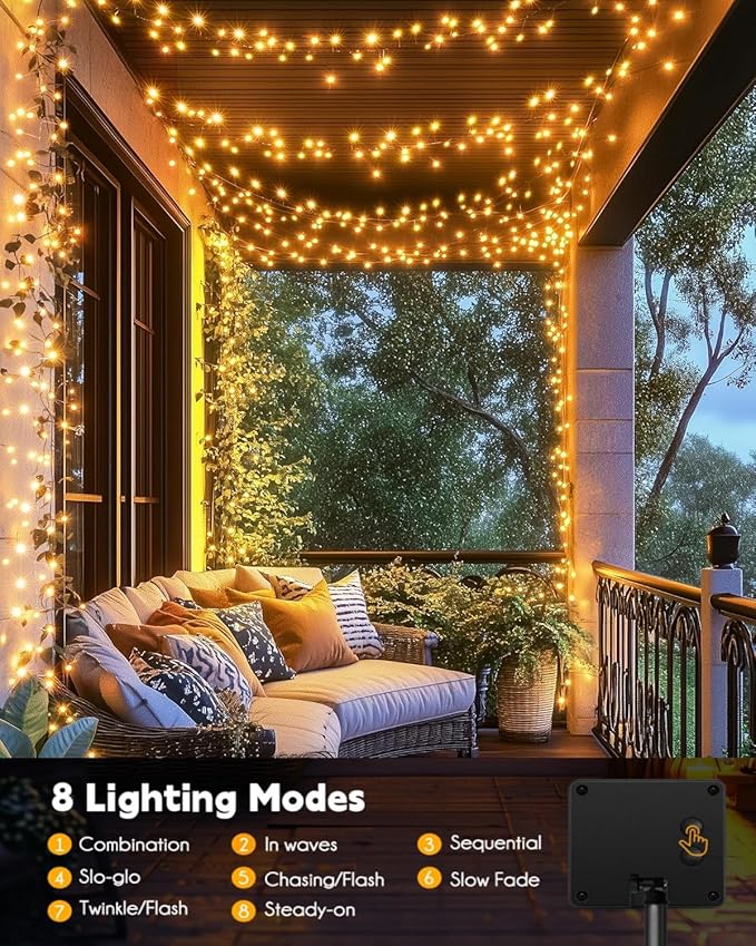 120LED 10FT Solar Fairy Lights Outside Waterproof, 8 Lighting Modes IP65 Outdoor Solar String Lights Outdoor Waterproof Firecracker Twinkle Light for Patio Yard Garden Party Decorations, Warm White