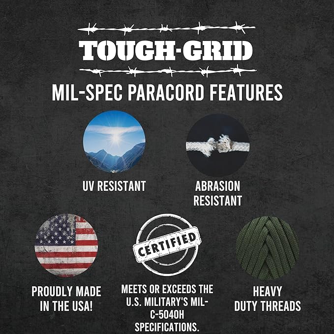 TOUGH-GRID 550 Paracord, Type III Mil-Spec Nylon Rope - 200 Ft Neon Orange Tactical Survival Cord