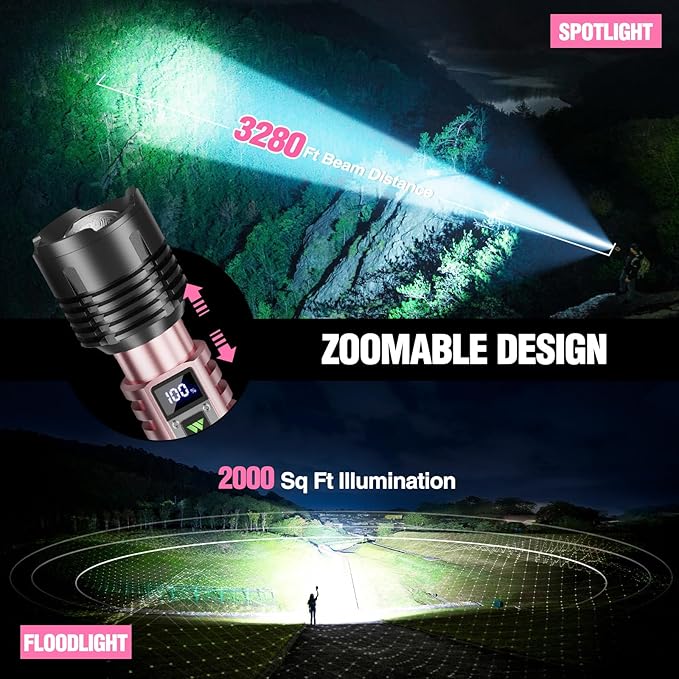 WdtPro Rechargeable LED Flashlights High Lumens, Super Bright 90000LM Rechargeable Flashlight with LCD Display, 5 Modes & Waterproof Powerful 10000mAh Handheld Flashlight for Camping Emergency Pink