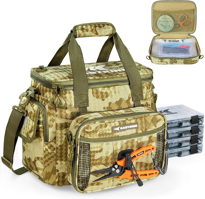 KastKing BaitSpace Fishing Tackle Bag With 4 Tackle Boxes & Removable Bait Binder, Water-Resistant Tackle Storage, Durable Fishing Gear, Adjustable Shoulder Strap