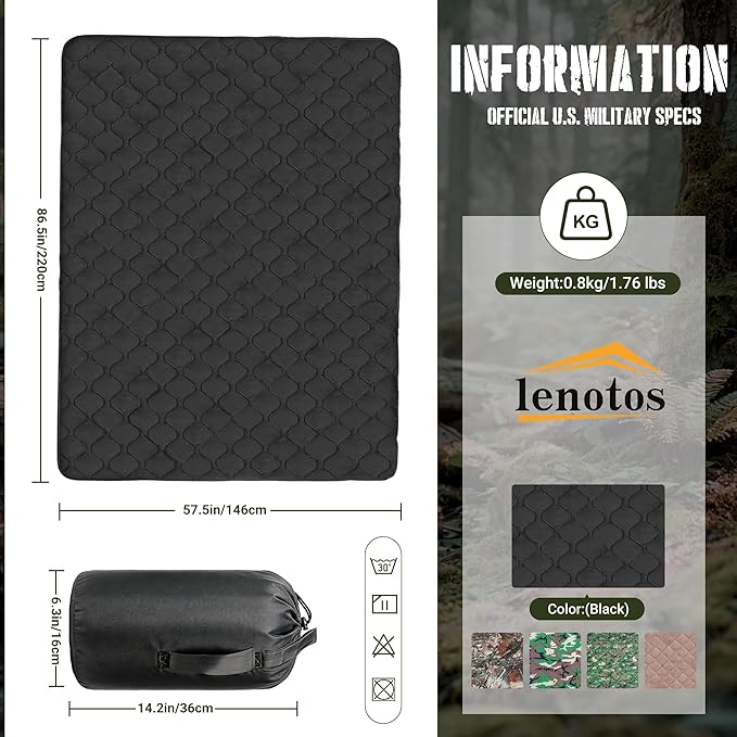 Lenotos Woobie Blanket, Thermal Insulated Military Poncho Liner, Water-Resistant, Portable, Insulation, for Hiking, Survival with Compression Carry Bag (Black)