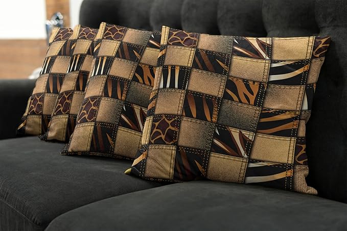 Ambesonne Safari Decorative Throw Pillow Case Pack of 4, Jeans Denim Patchwork in Safari Style Wilderness Design Art Print, Cushion Cover for Couch Living Room Car, 20", Brown Black