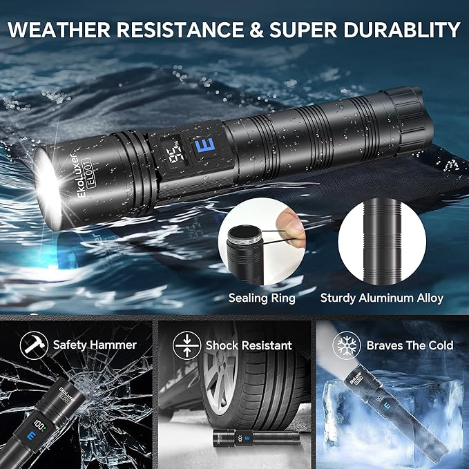 3Pack Rechargeable Flashlights 10000 High Lumens, Super Bright Flashlight with LCD Digital Display, 5Modes Adjustable LED Flashlight Tactical Flashlights High Powered, Flash Lights for Emergency