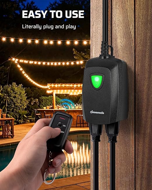 DEWENWILS Outdoor Wireless Remote Control Outlet Power Strip Weatherproof, Expandable Indoor Outdoor Electrical Plug in Light Switch, 15 A, 7-Inch Extension Cord, 100 FT Range, ETL Listed