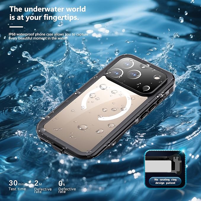 Compatible for iPhone 17 Pro Max Case 6.9" Waterproof 【Compatible with Magsafe 】【IP68 Underwater】 Clear Magnetic Built-in Screen Protection Lanyard Diving Swim Dustproof Shockproof Black