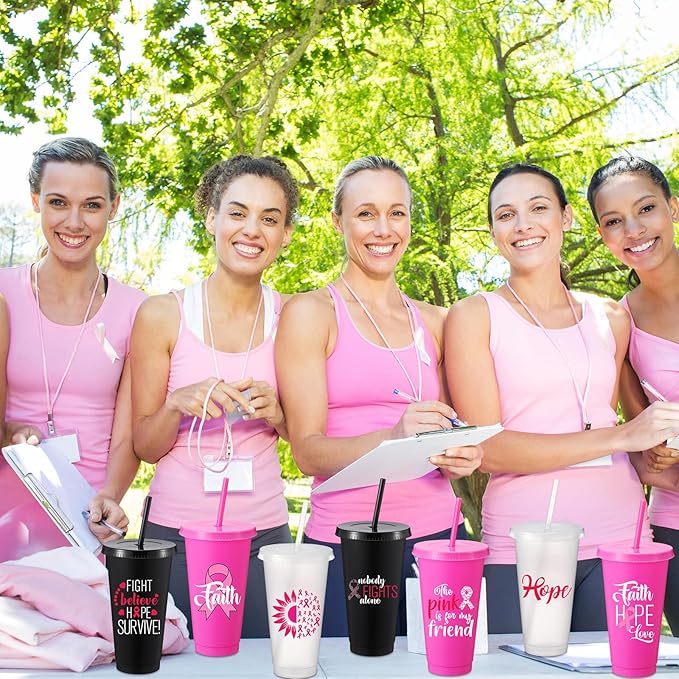 Willinglong 60 Pack Breast Cancer Awareness Gifts Plastic Cups with Lids and Straws 24oz October Pink Ribbon Tumblers in 12 Designs Party Favor Supplies for Women Events Fundraisers Office