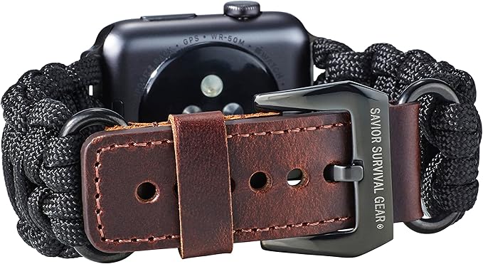 Savior Survival Gear Paracord Band,Compatible with Apple Watch Band 49mm 46mm 45mm 44mm 42mm,iWatch Band Series Ultra 10 9 8 7 6 5 4 3 2 1 SE,Adjustable strap for men (Black-Brown Leather,Adjustable)