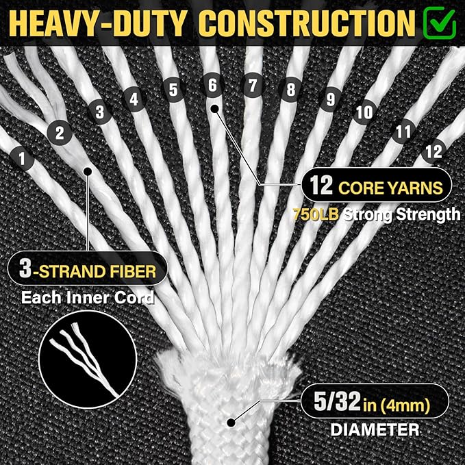 Paracord Rope 750 lb - 100ft 5/32" Parachute Cord 4MM 12-Strand para Cord - Heavy Duty Spool String for Survival,Camping Gear, Survival Bracelet, Clothesline - White