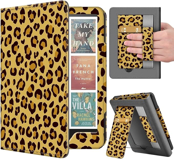 TNP Stand Case for Kindle Paperwhite 12th Generation 2024 / Kindle Colorsoft Signature Edition with Hand Strap & Card Slot - 7" PU Leather Protective Folio Cover with Auto Wake/Sleep, Leopard Yellow
