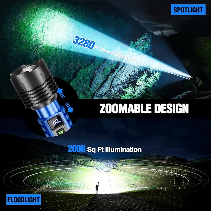 WdtPro Rechargeable LED Flashlights High Lumens, Super Bright 90000LM Rechargeable Flashlight with LCD Display, 5 Modes & Waterproof Powerful 10000mAh Handheld Flashlight for Camping Emergency Blue