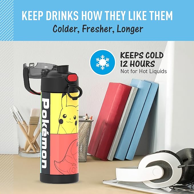 THERMOS FUNTAINER 16 Ounce Stainless Steel Vacuum Insulated Bottle with Wide Spout Lid,Pokemon,(Pack of 6)
