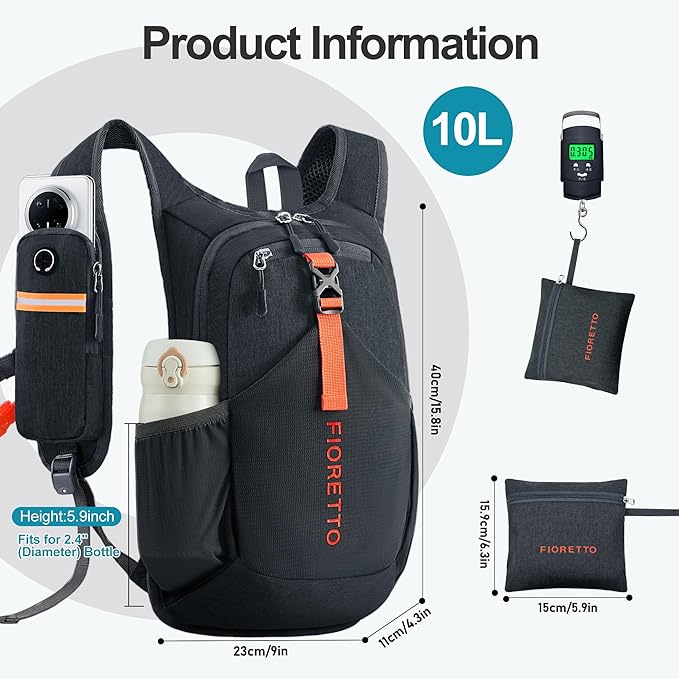 FIORETTO 10L Hiking Backpack for Women Men Mini Packable Backpack Lightweight Small Daypack for Camping Travel Outdoor, Black