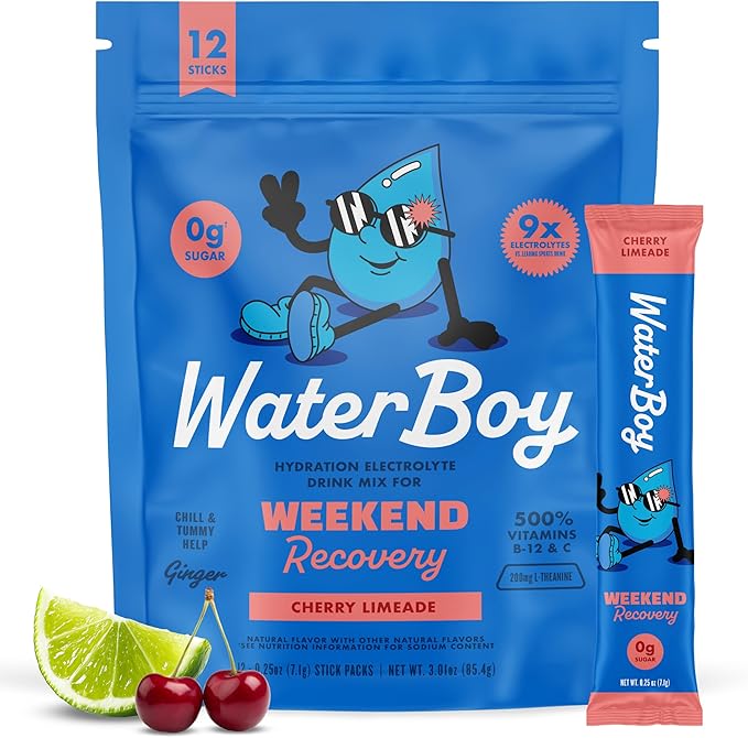 Waterboy Weekend Recovery | 3,200mg Electrolyte Powder Packets | Ginger + L-Theanine + Vitamins | No Sugar, All Natural, Gluten Free | Cherry Limeade