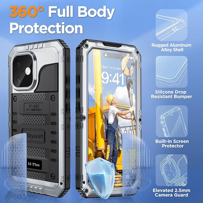 Mitywah Waterproof Case for iPhone 16 Plus, Shockproof Heavy Duty Case with Built-in Screen Protector, Underwater Full Body Protective Metal Case 6.7 inch, Silver
