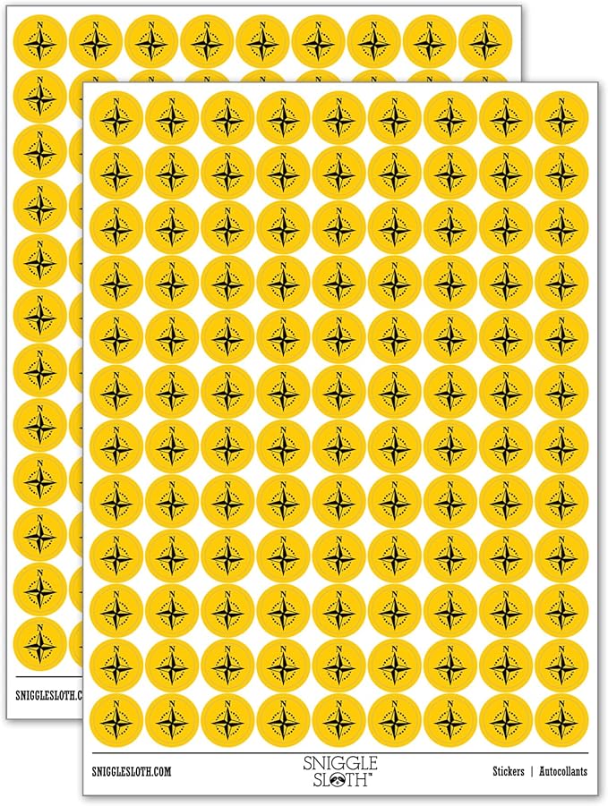 Compass Rose Nautical Star Navigation Map 200+ Round Stickers - Gloss Finish - 0.50" Size - Yellow