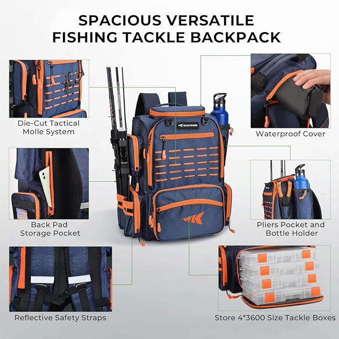 KastKing Bait Boss Fishing Tackle Backpack with Rod Holders-4 Tackle Boxes-Rain Cover,45/43L Large Storage for Fishing Gear