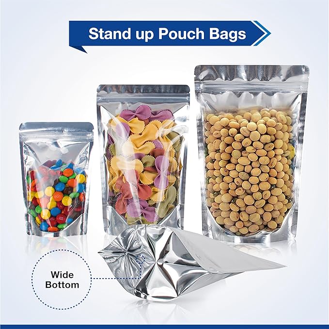 BELLE KR® 6x9 Mylar Bags Stand Up - Pack Of 100-7.5mil Thick - Clear Mylar Bags with See Through Window for Freeze Drying Food - Bonus Labels Included
