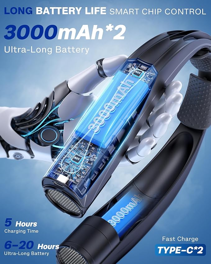 Portable Neck Fan, 6000mAh Personal Fan, 360° Cooling Rechargeable Wearable Fan, 6 Speeds Adjustable Hands Free Fan for Travel Outdoor, Office, Ideal Summer Gifts for Men Women