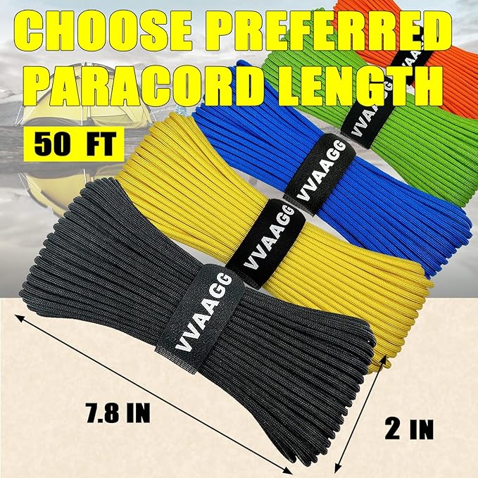 VVAAGG 1000 Black Paracord Rope, 50ft 12 Strand Parachute Cord for Crafting, DIY Projects, Survival Bracelets, Camping, Tent, Clothsline, Outdoor Hiking, Fishing (Black, 50FT)