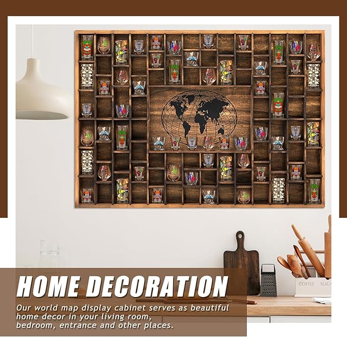 GlikCeil 88 Slots 48 x 34'' Jumbo World Map Shot Glass Display Case Rustic Wood Shot Glass Holder for Different Size Wineglass Bar Shelf Organizer Storage Cabinet Decor