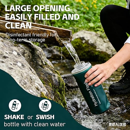AXEN Collapsible Water Bottle with Filter System, Soft Hydration Flask for Trail Running, Camping, Hiking, Cycling, 1L Slate Green