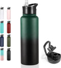 VEGOND 40 oz Insulated Water Bottle Stainless Steel Metal Water Bottles with Leak Proof Straw Lid & Spout Lid, Wide Mouth Double Walled Vacuum Travel Sports Bottle, Dark Green Black