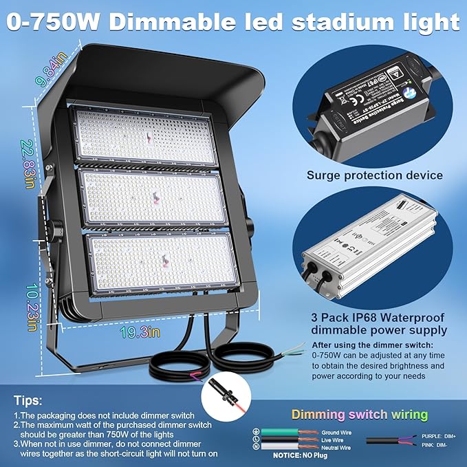 112500LM Led Stadium Light Dimmable 0-750w Super Bright Led Arena Flood Lights Outdoor 100-277v 5000k Yoke U Mount IP66 Waterproof Outside Wall Light Commercial for Square, Golf Court, Port