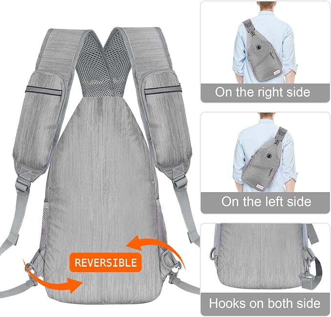 ZOMAKE Sling Bag,Small Crossbody Sling Backpack,Water Resistant Shoulder Daypack for Travel,Anti Thief Chest Bag for Hiking(Grey(Stripe))