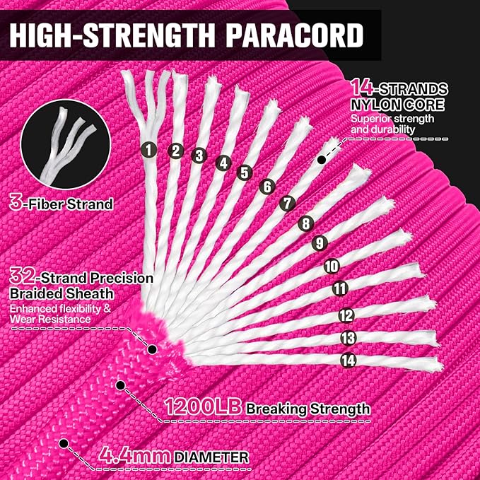 1200 Paracord Rope - 4.4mm 14 Strand Nylon Parachute Spool para Cord Lanyard for Outdoor Camping Survival Utility Tent Crafting DIY Projects Fishing Clothsline Bracelet - Neonpink 1000FT
