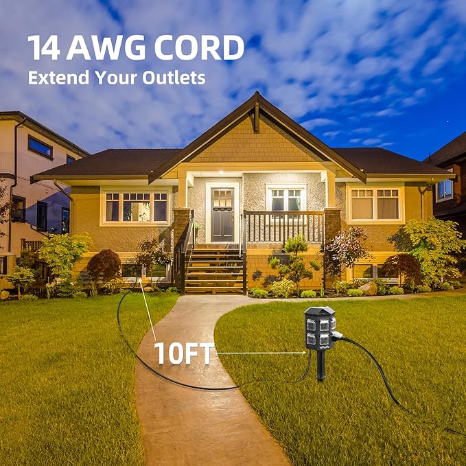 TiFFCOFiO Outdoor Power Strip with Stake Waterproof, 10 FT Extension Cord, 6 Grounded Outlets for Outdoor Lights, 14 AWG, 15A/1875W, ETL Listed (10 FT)