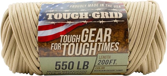TOUGH-GRID 550 Paracord, Type III Mil-Spec Nylon Rope - 200 Ft Buckskin Tactical Survival Cord