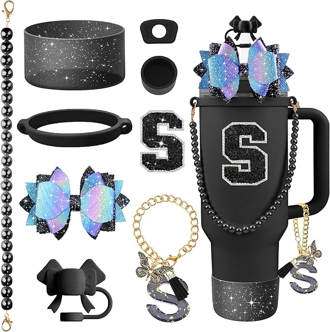 9PCS Black for Stanley Cup Accessories Set Bling Initials Bow Charms for Stanley Decorations 30/40 Oz Tumbler Accessories Including Bow Straw Topper, Handle Strap, Spill Stopper（Letter S）