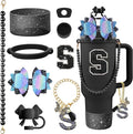 9PCS Black for Stanley Cup Accessories Set Bling Initials Bow Charms for Stanley Decorations 30/40 Oz Tumbler Accessories Including Bow Straw Topper, Handle Strap, Spill Stopper（Letter S）