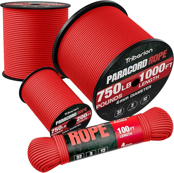 Paracord Rope 750 lb - 200ft 5/32" Parachute Cord 4MM 12-Strand para Cord - Heavy Duty Spool String for Survival,Camping Gear, Survival Bracelet, Clothesline - Red