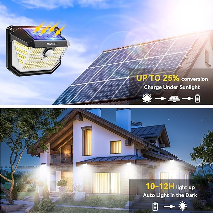 TECKNET 231 LED Solar Motion Lights Outdoor Waterproof, 8 Pack 300° Angle & 3 Lighting Modes PIR Motion Sensor Security Solar Wall Lights IP65 for Fence Front Door Yard Deck Garden Garage