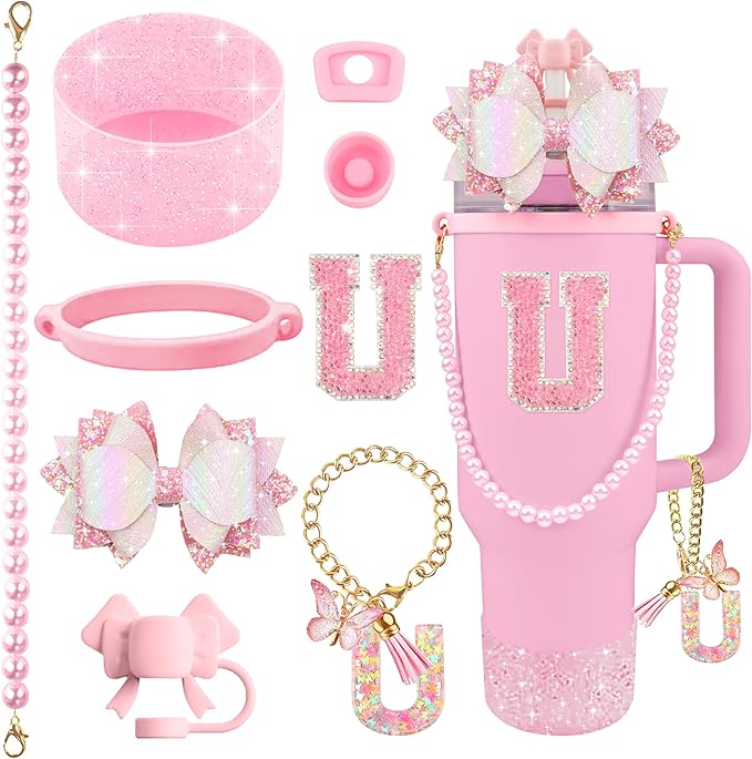 9PCS Pink for Stanley Cup Accessories Set Bling Initials Bow Charms for Stanley Decorations 30/40 Oz Tumbler Accessories Including Bow Straw Topper, Handle Strap, Spill Stopper（Letter U）