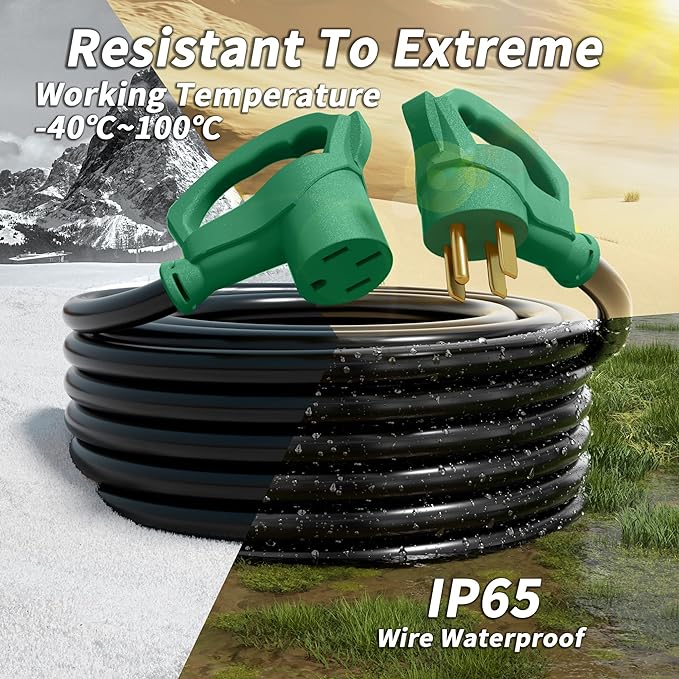 PlugSaf NEMA 14-50P/14-50R 75 FT 40 Amp RV/EV Extension Cord Outdoor with Grip Handle, 4 Prong Flexible Heavy Duty STW RV Power Cord Waterproof, 40A 125/250V 5000/10000W, Black-Green, ETL Listed