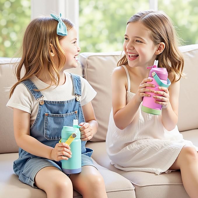 Kerilyn 12oz Kids Water Bottle, Stainless Steel Insulated Water Bottle for Kids, Toddler Cup with Straws Leak-Proof, Toddler Water Bottles for School Boys Girls, BPA Free, Cantaloupe