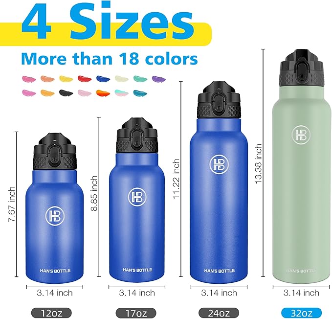 Han's Bottle Sports Water Bottle - 32 Oz, Straw Lid, Leak Proof, Vacuum Insulated Stainless Steel, Double Walled, Thermo Mug,Pine Green