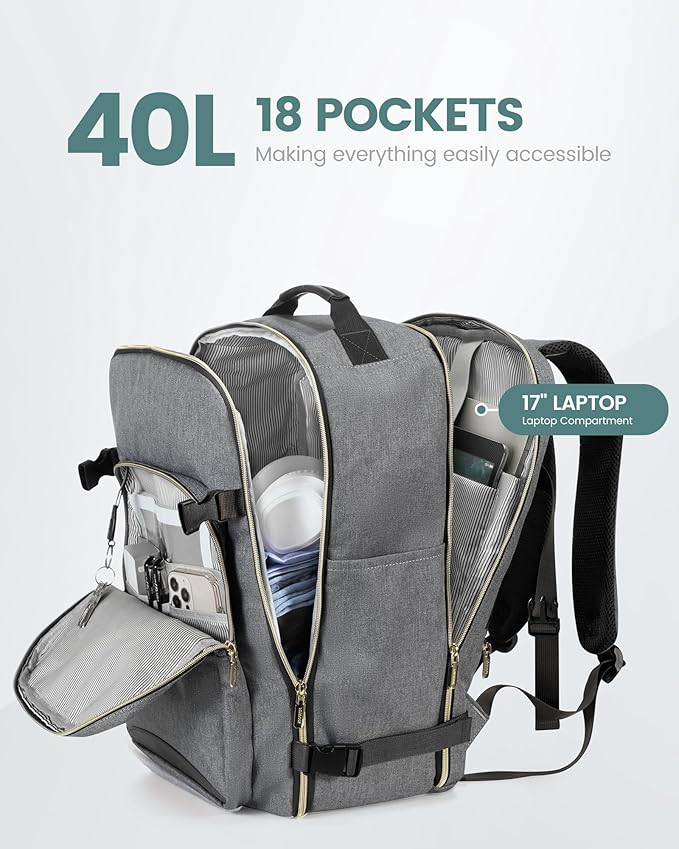 LOVEVOOK Travel Backpack for Women & Men 40L,Airline Approved Carry On Backpack Travel Essentials,TSA Carry on Luggage,Waterproof Personal Item Travel Bag,Suitcase with 3 Packing Cubes,Gray-Black